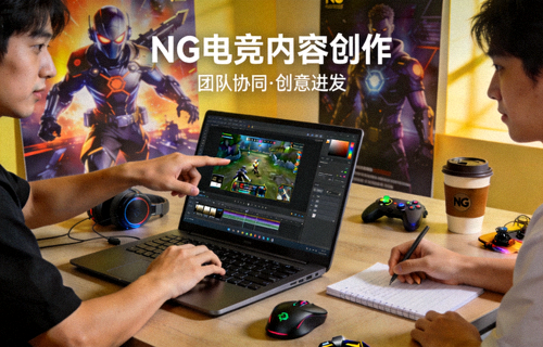 NG电子游戏内容与社区团队使用笔记本电脑协同创作电竞内容