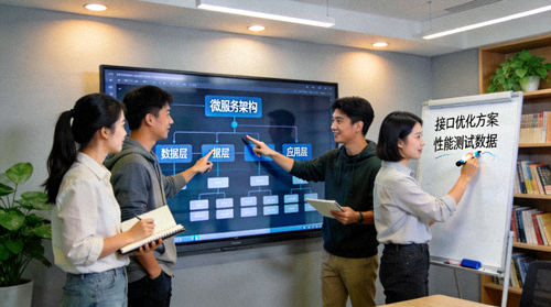 现代科技研发团队在办公室围绕架构图展开热烈讨论